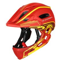Kask rowerowy fullface dziecięcy Wozinsky z tylną lampką USB 52-56 cm - czerwono-żółty