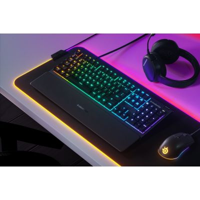 3. SteelSeries Apex 3 Gaming Keyboard, US Layout, Wired, Black SteelSeries Apex 3  Gaming keyboard IP32 water resistant for protection against spills, Customizable 10-zone RGB illumination reacts to games and Discord, Whisper quiet gaming switches last