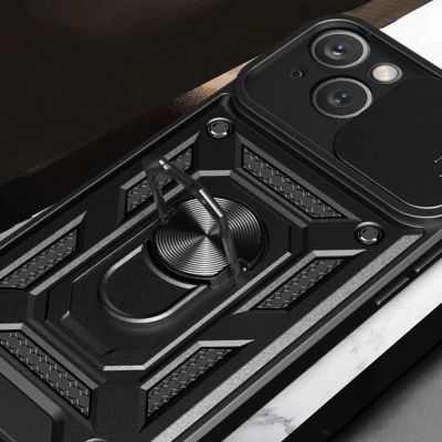 5. Pancerne etui z podstawką i osłoną aparatu do iPhone 15 Plus Hybrid Armor Camshield - różowe