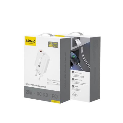 3. Ładowarka sieciowa A6MaxC 20W USB-A USB-C z kablem USB-C - USB-C 1m - biała