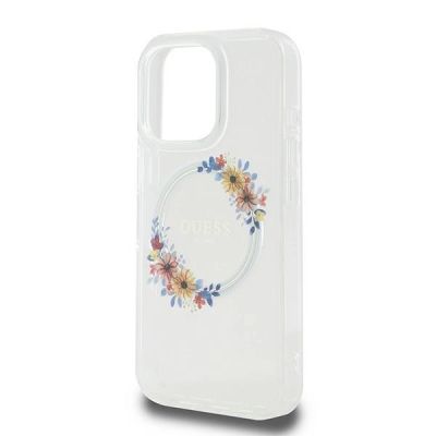 6. Etui Guess IML Flowers Wreath MagSafe na iPhone 16 Pro - przezroczyste