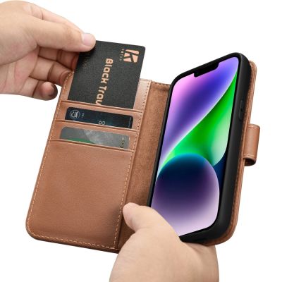15. iCarer Wallet Case 2in1 etui iPhone 14 Plus skórzany pokrowiec z klapką Anti-RFID brązowy (WMI14220727-BN)