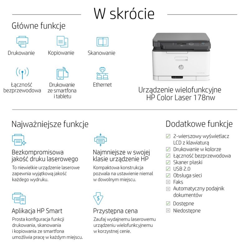 21. Urządzenie wielofunkcyjne HP Color Laser MFP 178nw 4ZB96A (laserowe, laserowe kolor; A4; Skaner płaski)