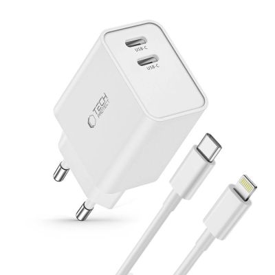 2. Ładowarka Tech-Protect C35W sieciowa 2x USB-C PD 35W z kablem USB-C / Lightning - biała