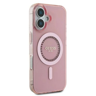 4. Etui Guess IML Rhinestones MagSafe na iPhone 16 Plus - różowe
