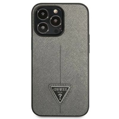 3. Etui Guess Saffiano Triangle Logo na iPhone 14 Pro - srebrne