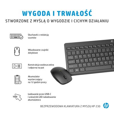 6. Zestaw klawiatura + mysz HP 230 Wireless Mouse and Keyboard Combo bezprzewodowe czarne 18H24AA#ABB