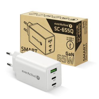 7. EVERACTIVE ŁADOWARKA SIECIOWA GAN 1 X USB, 2 X USB-C QUICK CHARGE 4+ 65W BIAŁA SC-655Q