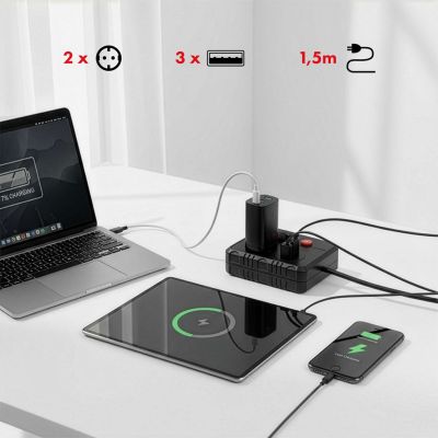 8. MACLEAN LISTWA ZASILAJĄCA, PRZEDŁUŻACZ 2 GNIAZDA + 3XUSB, 110-240V AC 50/60HZ, 2.1A MAX 2500W, 1.5M, CZARNA MCE387 B