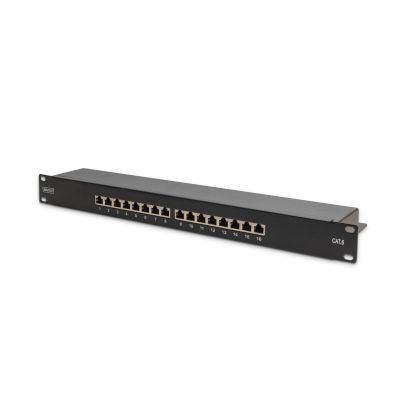 Digitus Panel krosowy (patch panel) 19'' 16x RJ45, LSA poziom, kat.6, ekranowany, 1U, czarny, prowadnica kabli
