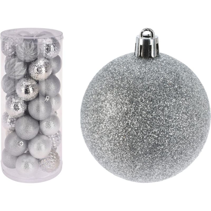 41. BOMBKA DEKORACYJNA PLASTIKOWA 6CM SET 35 SZT SREBRNA