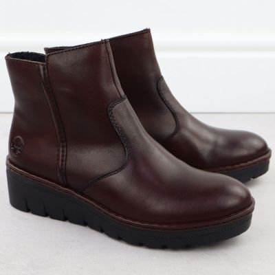 3. Skórzane botki damskie na koturnie brązowe Rieker X9165-27