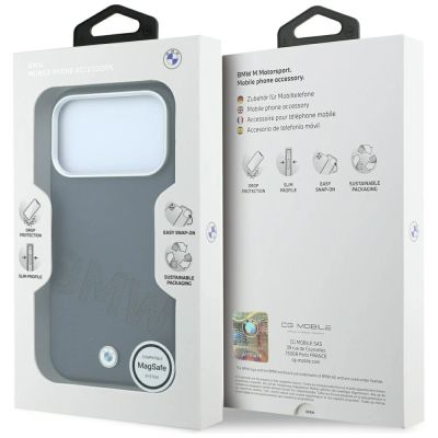 8. Etui BMW Sign Inclined Deboss Letters MagSafe na iPhone 17 Pro Max / 18 Pro Max - szare