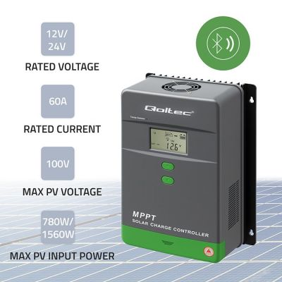 2. Solarny regulator ładowania MPPT Qoltec 53665 z czujnikiem temperatury 60A |12V / 24V | LCD | Bluetooth | APP | GEL | LiFePO4