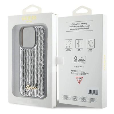 8. Etui Guess Sequin Script Metal na iPhone 15 Pro - srebrne