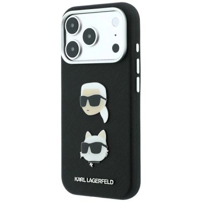 2. Etui Karl Lagerfeld Saffiano with Karl & Choupette Heads Pins & Logo na iPhone 18 Pro / 17 Pro - czarne