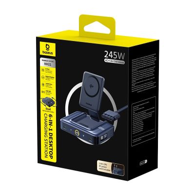 6. Stacja ładująca Baseus Nomos NH21 6w1 245W bezprzewodowa z dwoma zwijanymi kablami USB-C - czarna