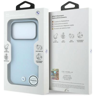 8. Etui BMW Kevlar Metal Logo MagSafe na iPhone 18 Pro / 17 Pro - niebieskie