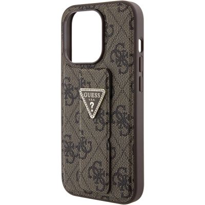 7. Etui Guess Grip Stand 4G Triangle Strass na iPhone 15 Pro - brązowe