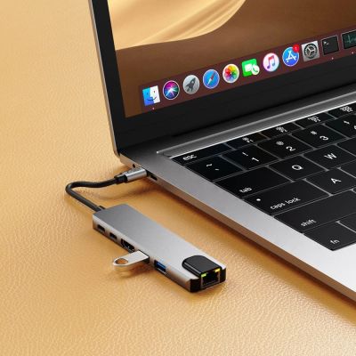 7. Adapter Tech-Protect HB02 HUB Adapter 6w1 USB-C + USB2.0 + USB3.0 + HDMI 4K 30Hz + RJ45 + PD100W - szary