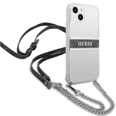 4. Etui Guess 4G Grey Strap Silver Chain na iPhone 13 mini - przezroczyste