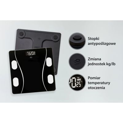 8. ELDOM INTELIGENTNA WAGA OSOBOWA TWO610 ILIIE DO 180 KG, WSKAŹNIK BMI ,BMR,LBM APLIKACJA KOMPATYBILNA Z SYSTEMAMI ANDROID ORAZ