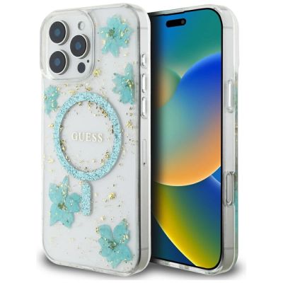 Etui Guess Resin Flowers Glitter MagSafe na iPhone 16 Pro - przezroczysto-zielone