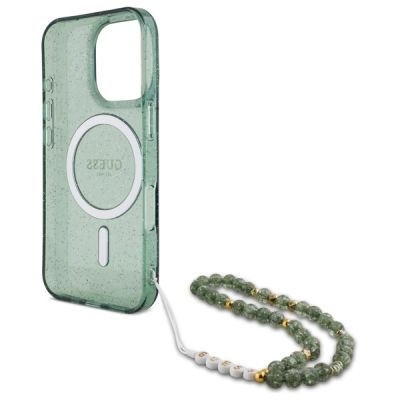 6. Etui Guess IML Glitter With Pearl Strap MagSafe na iPhone 16 Pro Max - zielone