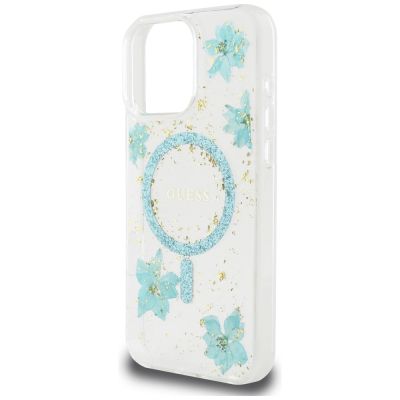 6. Etui Guess Resin Flowers Glitter MagSafe na iPhone 16 Pro - przezroczysto-zielone