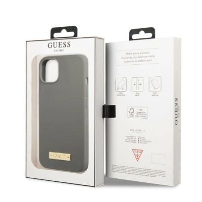 8. Etui Guess Silicone Logo Plate MagSafe na iPhone 13 mini - szare
