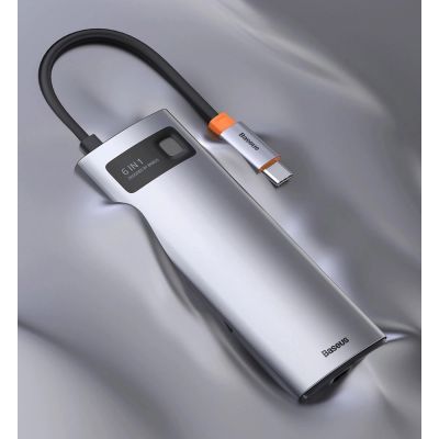 21. HUB Baseus Metal Gleam 6w1 USB-C - USB-C PD 100W 1x HDMI 4K 30Hz 3x USB-A 3.2 1x RJ45 - szary