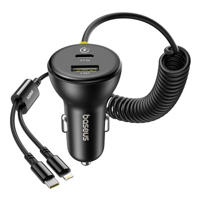 4. Ładowarka samochodowa Baseus Circular 60W USB-A + USB-C z wbudowanym kablem Lightning + USB-C 1,4 m - czarna