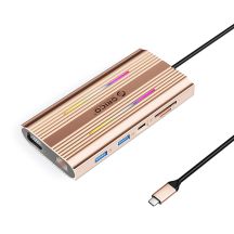 Stacja dokująca USB-C Orico XDR 12w1 RGB 3x USB-A USB-C PD 100W HDMI 4K VGA RJ45 Gigabit czytnik kart SD i microSD - różowo-złota