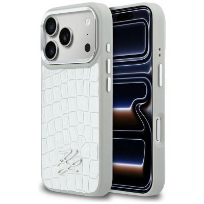 Etui Karl Lagerfeld Croco KL Script Logo MagSafe na iPhone 17 Pro Max - srebrne