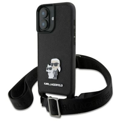 Etui Karl Lagerfeld Saffiano Karl&Choupette Metal Pin CBDY Strap na iPhone 16 - czarne