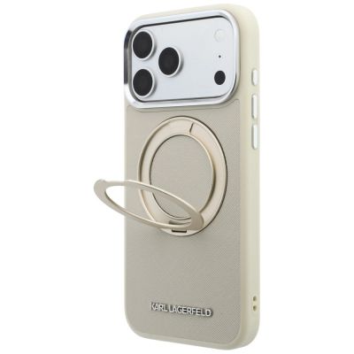 2. Etui Karl Lagerfeld Ring Stand 360 Saffiano Classic Logo MagSafe na iPhone 18 Pro / 17 Pro - beżowe