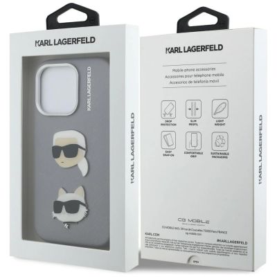 8. Etui Karl Lagerfeld FW Grained Karl & Choupette Heads Pins na iPhone 16 Pro Max - szare