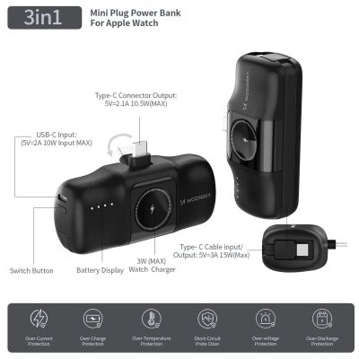 16. Mini powerbank Wozinsky WF16-YCS 5000mAh 15W USB-C z wbudowanym kablem USB-C i ładowarką do Apple Watch - czarny