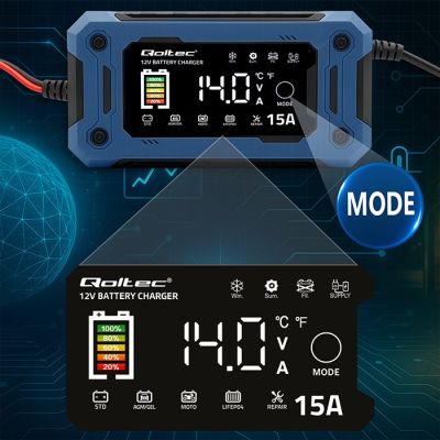 4. QOLTEC ŁADOWARKA 12V 15A | PROSTOWNIK DO AGM GEL LIFEPO4 | LCD