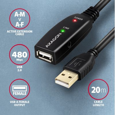 3. Kabel Axagon ADR-220 USB 2.0 A-M -> A-F active extension/repeater cable 20m Czarny