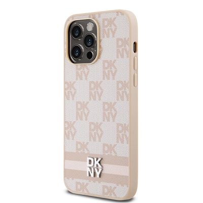 2. Etui DKNY Leather Checkered Mono Pattern & Printed Stripes na iPhone 14 Pro Max - różowe