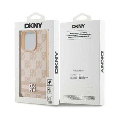 8. Etui DKNY Leather Checkered Mono Pattern & Printed Stripes na iPhone 15 Pro - różowe