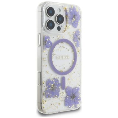 4. Etui Guess Resin Flowers MagSafe na iPhone 16 Pro - fioletowe