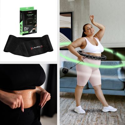 4. Zestaw Hula Hop HHW11 BLACK z wypustkami i obciążnikiem + pas BR163 BLACK PLUS SIZE HMS