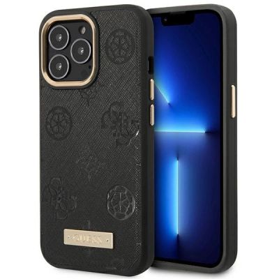 Etui Guess Peony Logo Plate MagSafe na iPhone 14 Pro Max 6.7" - czarne