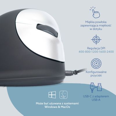 52. Ergonomiczna mysz dla praworęcznych R-Go Pele HE USB duża czarna/srebrna retail