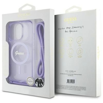 7. Etui Guess Crossbody Cord Script MagSafe na iPhone 16 Pro Max - fioletowe