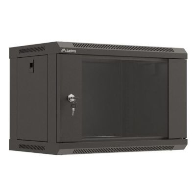 16. Szafa instalacyjna rack wisząca 19" 6U 540x350 czarna drzwi przeszklone LANBERG (Flat Pack)