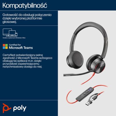 87. POLY Zestaw słuchawkowy Blackwire 8225 Stereo USB-C + przejściówka USB-C/A