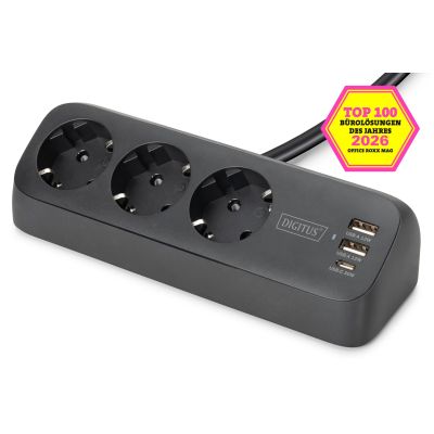 16. Digitus 3-drożna biurowa listwa zasilająca z 2 złączami USB-A i 1 złączem USB-C, czarna